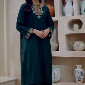 Embroidered Green Tunic Dress with embroidered pants